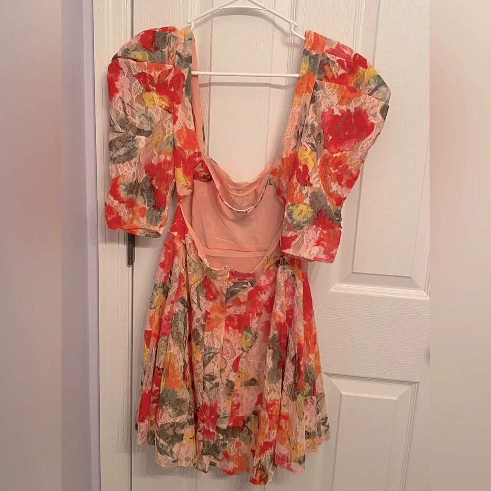 For Love & Lemons Dascha Puff Sleeve Mini Dress Light Pink Floral Lace Large NWT - Picture 9 of 16